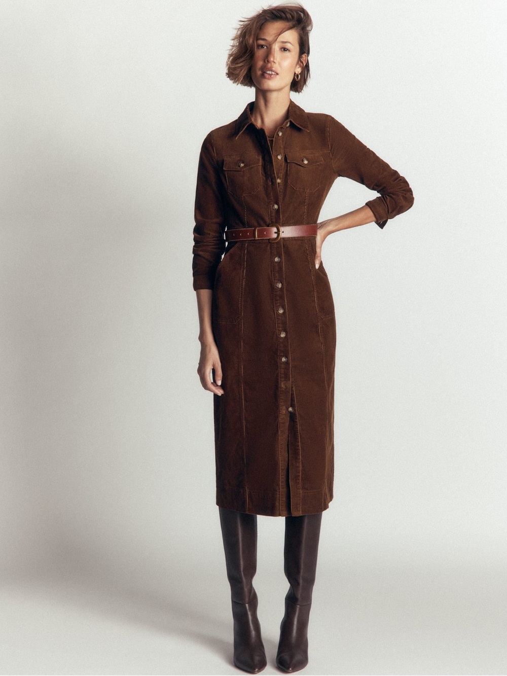 Boden Fleur Cord Midi Corduroy Shirt Dress in Brown